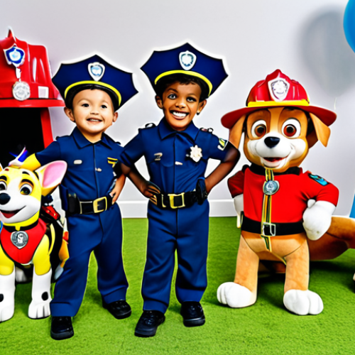 **A group of diverse children dressed in Paw Patrol costumes (Chase police uniform, Marshall firefighter outfit, etc.) playing together joyfully at a birthday party, with Paw Patrol themed decorations in the background.**