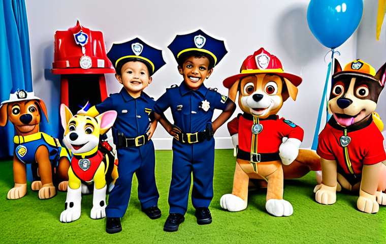 **A group of diverse children dressed in Paw Patrol costumes (Chase police uniform, Marshall firefighter outfit, etc.) playing together joyfully at a birthday party, with Paw Patrol themed decorations in the background.**