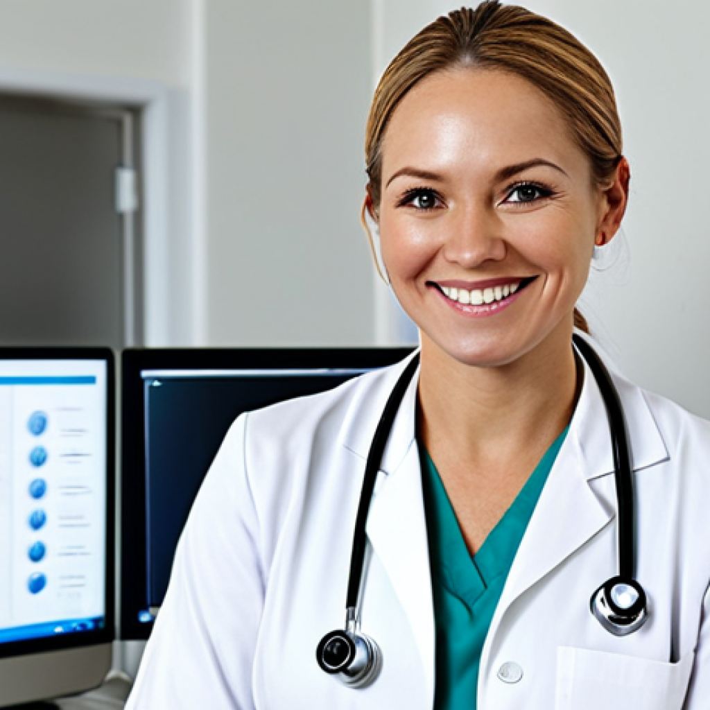 **

A professional female doctor in a bright, clean hospital office. She is wearing a white lab coat and modest medical scrubs underneath. She is smiling warmly while looking directly at the viewer. Background includes medical charts and a computer screen displaying patient information (blurred for privacy). Safe for work, appropriate content, fully clothed, professional, perfect anatomy, correct proportions, well-formed hands, proper finger count, natural pose, high quality.

**