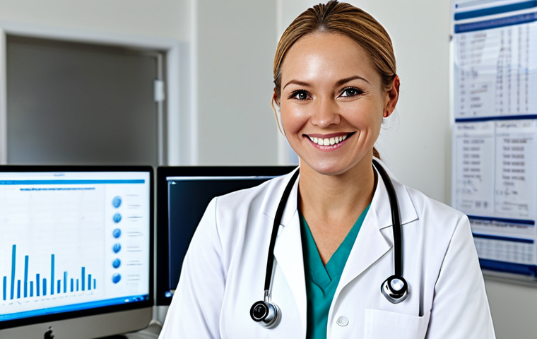 **

A professional female doctor in a bright, clean hospital office. She is wearing a white lab coat and modest medical scrubs underneath. She is smiling warmly while looking directly at the viewer. Background includes medical charts and a computer screen displaying patient information (blurred for privacy). Safe for work, appropriate content, fully clothed, professional, perfect anatomy, correct proportions, well-formed hands, proper finger count, natural pose, high quality.

**