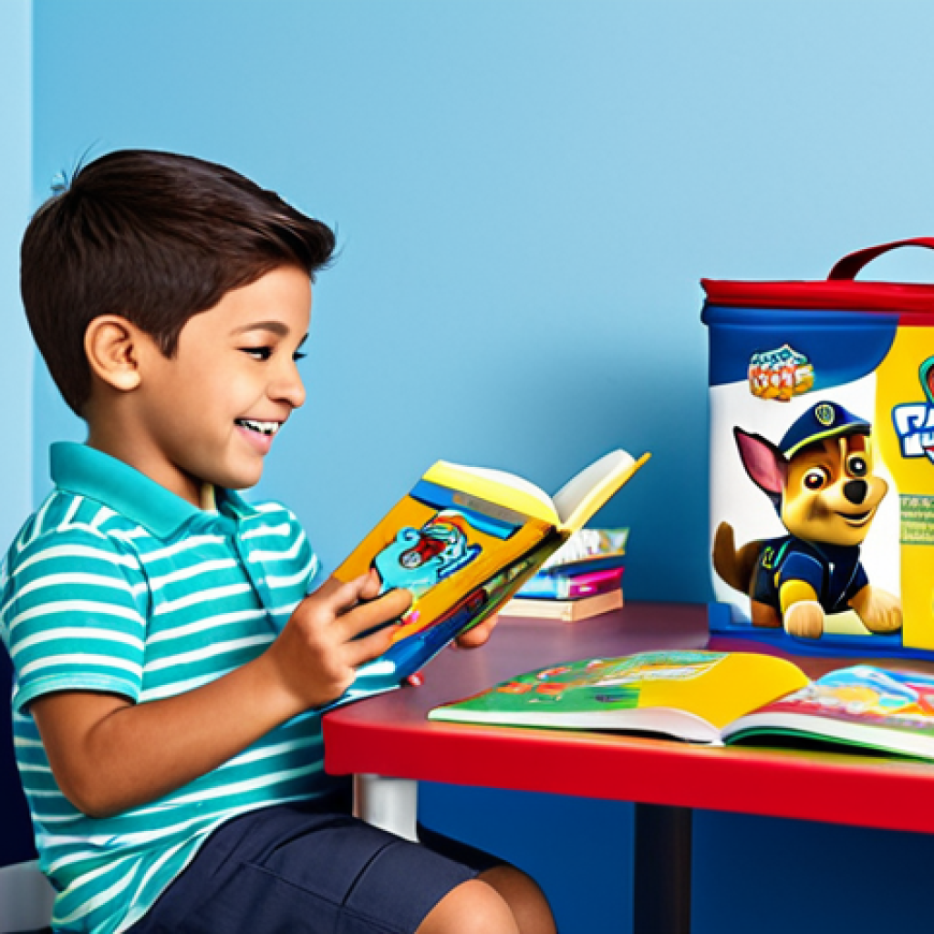 **
"A cheerful child, fully clothed in modest, everyday attire, reading a Paw Patrol book at a brightly colored desk. Paw Patrol themed school supplies like a pencil case and crayons are visible on the desk. Background shows a cozy, child-friendly bedroom. Safe for work, appropriate content, professional illustration, perfect anatomy, natural proportions, family-friendly."
**