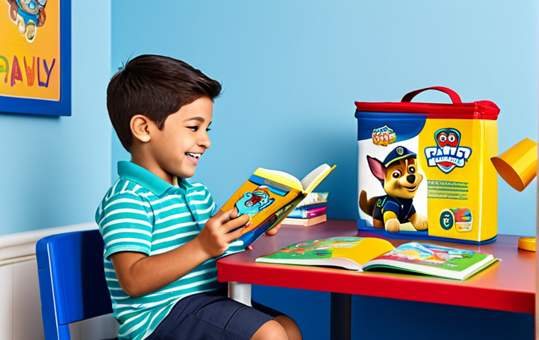 **

"A cheerful child, fully clothed in modest, everyday attire, reading a Paw Patrol book at a brightly colored desk. Paw Patrol themed school supplies like a pencil case and crayons are visible on the desk. Background shows a cozy, child-friendly bedroom. Safe for work, appropriate content, professional illustration, perfect anatomy, natural proportions, family-friendly."

**