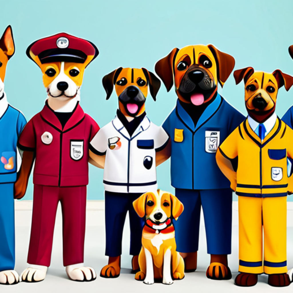 **

A group of cute, cartoon-style dogs wearing colorful, modest uniforms, standing in front of a bright and cheerful background. Each dog has a unique color representing their personality. Upbeat and family-friendly, perfect anatomy, correct proportions, well-formed hands, proper finger count, natural body proportions, safe for work, appropriate content, fully clothed, professional.

**