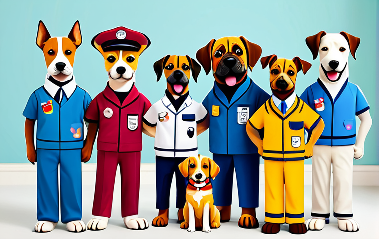 **

A group of cute, cartoon-style dogs wearing colorful, modest uniforms, standing in front of a bright and cheerful background. Each dog has a unique color representing their personality. Upbeat and family-friendly, perfect anatomy, correct proportions, well-formed hands, proper finger count, natural body proportions, safe for work, appropriate content, fully clothed, professional.

**