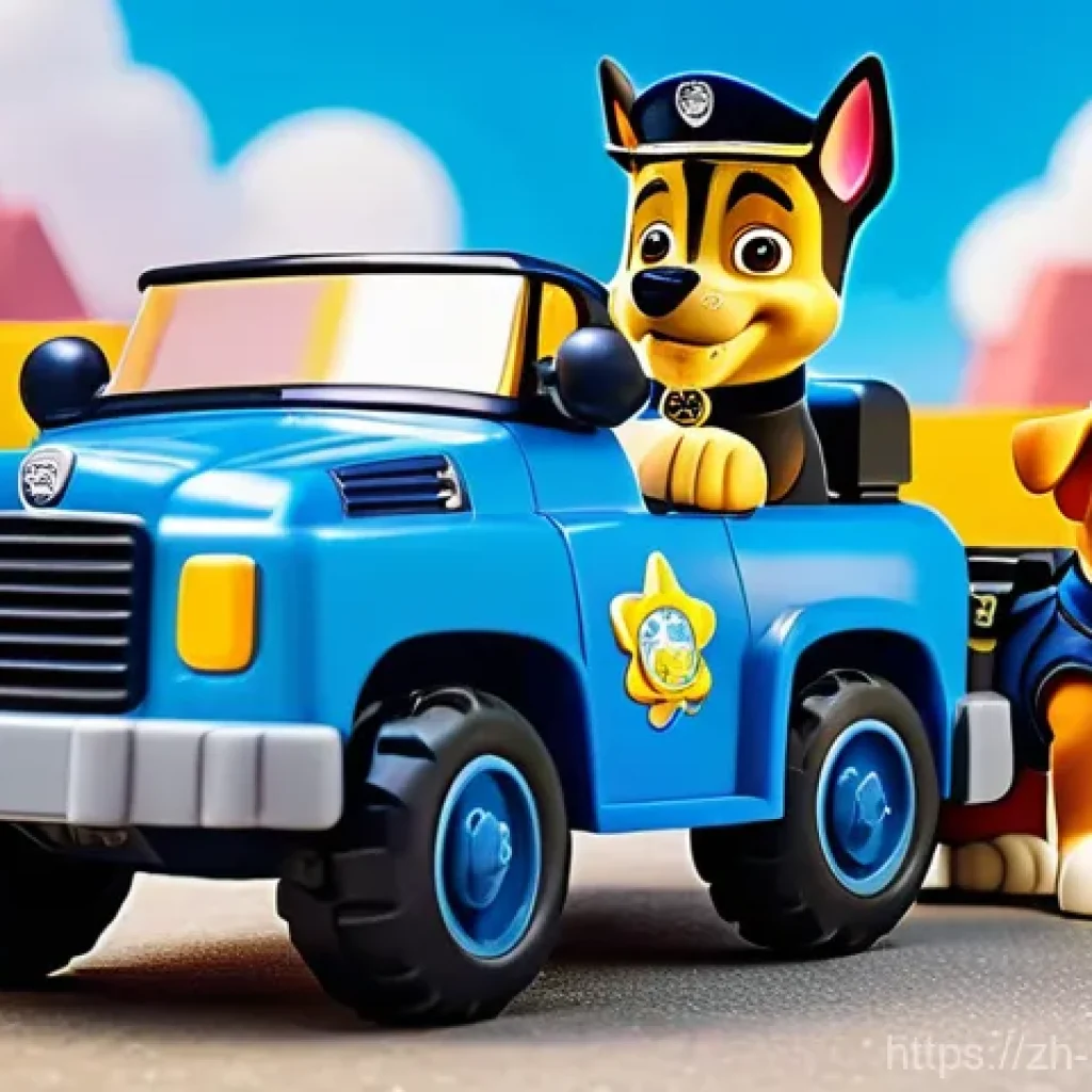 퍼피구조대 캐릭터 개발 과정 - A vibrant and action-packed scene featuring the Paw Patrol team. Chase, the German Shepherd police p...