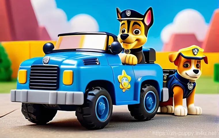 퍼피구조대 캐릭터 개발 과정 - A vibrant and action-packed scene featuring the Paw Patrol team. Chase, the German Shepherd police p...