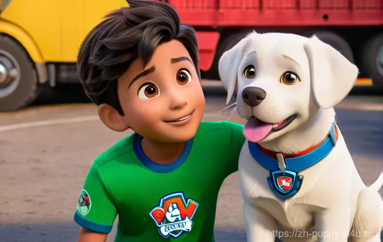 퍼피구조대 캐릭터 개발 과정 - A vibrant and action-packed scene featuring the Paw Patrol team. Chase, the German Shepherd police p...