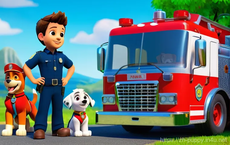 퍼피구조대 테마별 스토리라인 - **Prompt 1: Teamwork and Leadership in Adventure Bay**
    "A vibrant, sunny daytime scene in Advent...