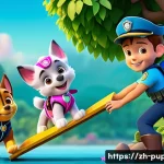 퍼피구조대 글로벌 인기 이유 - **Prompt:** "A heartwarming scene of Ryder and Chase from Paw Patrol rescuing a kitten stuck in a tr...
