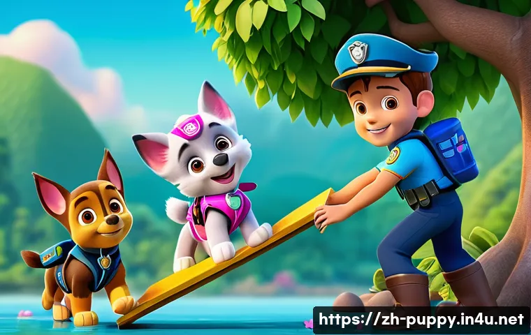 퍼피구조대 글로벌 인기 이유 - **Prompt:** "A heartwarming scene of Ryder and Chase from Paw Patrol rescuing a kitten stuck in a tr...