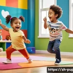 퍼피구조대 주제곡과 음악 - A vibrant and energetic scene featuring a diverse group of children, aged 4-8 years old, joyfully da...