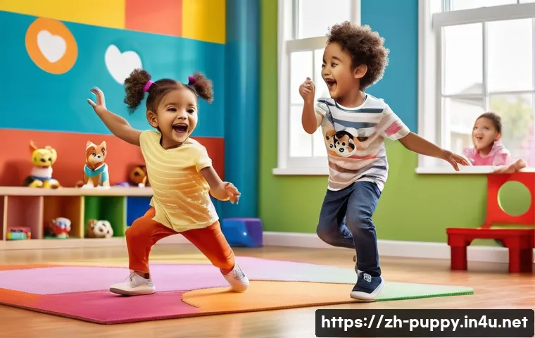 퍼피구조대 주제곡과 음악 - A vibrant and energetic scene featuring a diverse group of children, aged 4-8 years old, joyfully da...